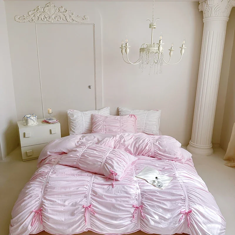 

100% Polyester Pink Bowknot Fold Design Bedding Set, Duvet Cover, Linen Fitted Sheet, Pillowcases, Home Textile