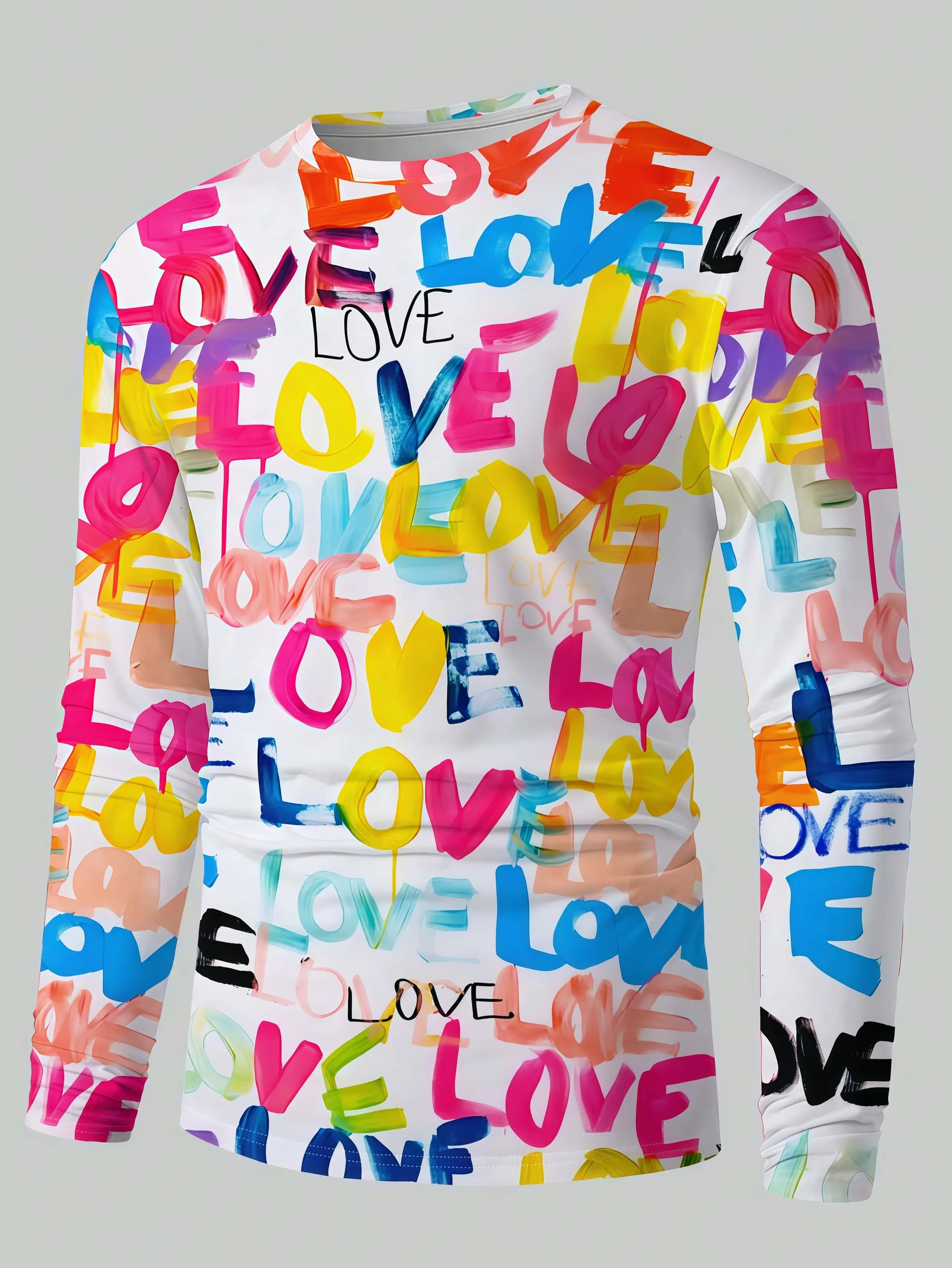 Ins Style Colorful Hand-painted LOVE Text 3D Printed Round Neck Long Sleeved Couple Style Trendy Contrasting Graffiti Versatile