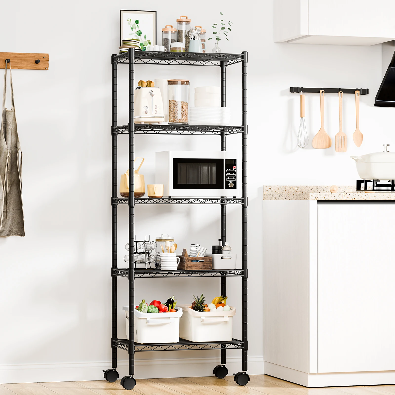 MCQ 3-5 Tier Metal Storage Shelves with Wheels Adjustable Standing Storage Rack Shelf Heavy Duty Steel Shelving Unit Organizers for Home