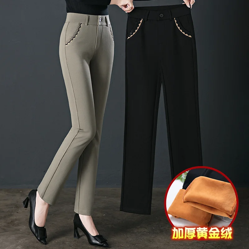 New Winter Velvet Warm Casual Pants For Women High Waist Elastic Pants Middle-aged Female Straight Pants Mother Long Pants M-4XL