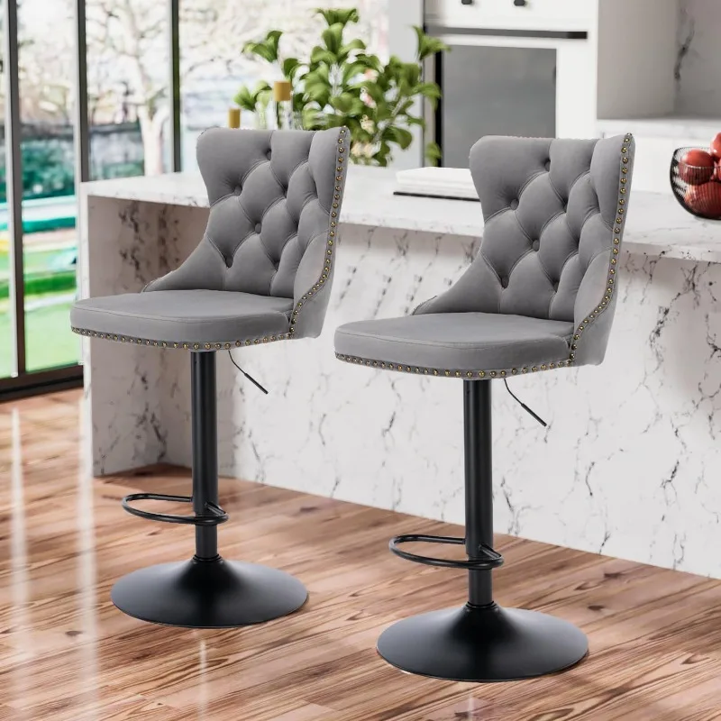 Bar Stools Set of 2,Adjustable Barstools with Back Velvet Tufted Counter Stool Modern Upholstered Bar Chairs with Nailhead