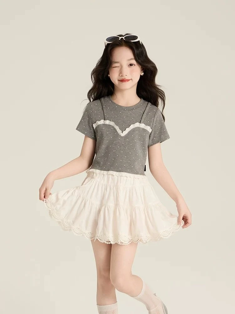 

Детская летняя футболка 2026: Новинка в корейском стиле, милая, с кружевной отделкой, имитация двухслойного топа, с коротким рукавом, повседневная, для девочек ​