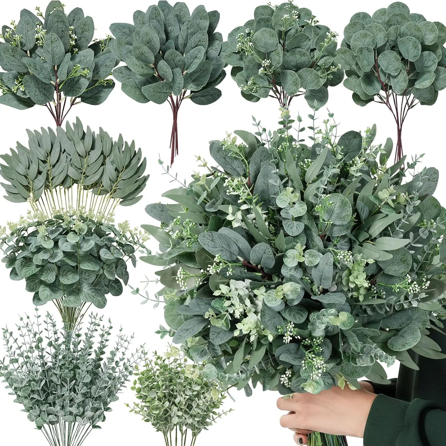 

130 Pcs 8 Kinds Mixed Eucalyptus Stems Bulk,Artificial Greenery Silver Dollar Eucalyptus Leaves Picks