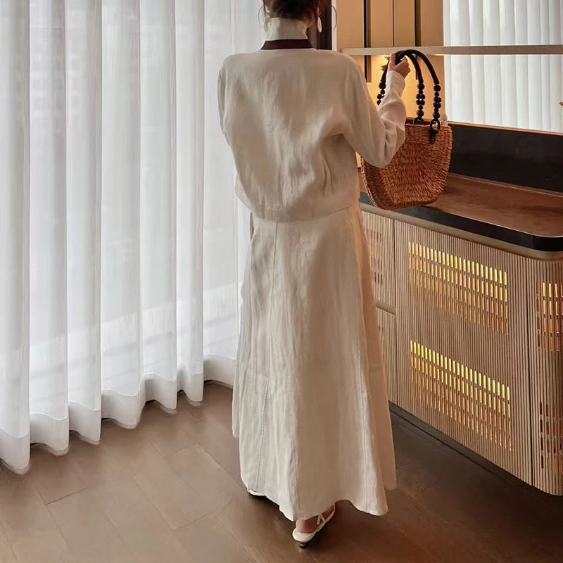 Falda de medio cuerpo de lino para mujer, falda larga con decoración de cinturón, falda acampanada de viajero a la moda, conjunto de chaqueta de alta calidad, verano, nuevo,