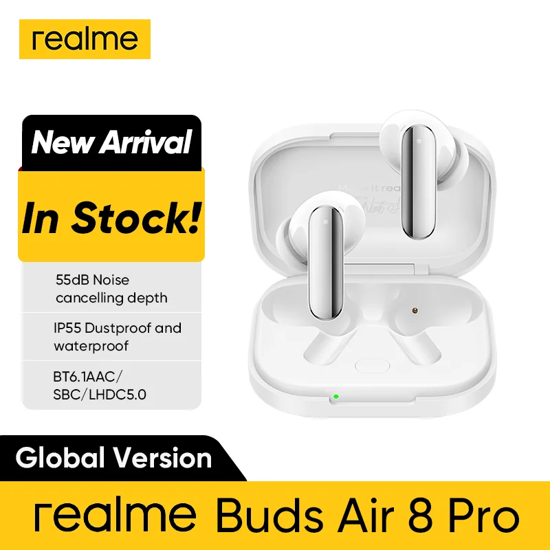 realme Buds Air 8 Pro Versión Global, Auriculares Inalámbricos con Cancelación Activa de Ruido de 55dB, Bluetooth 6.1, LHDC 5.0, TWS, IP55