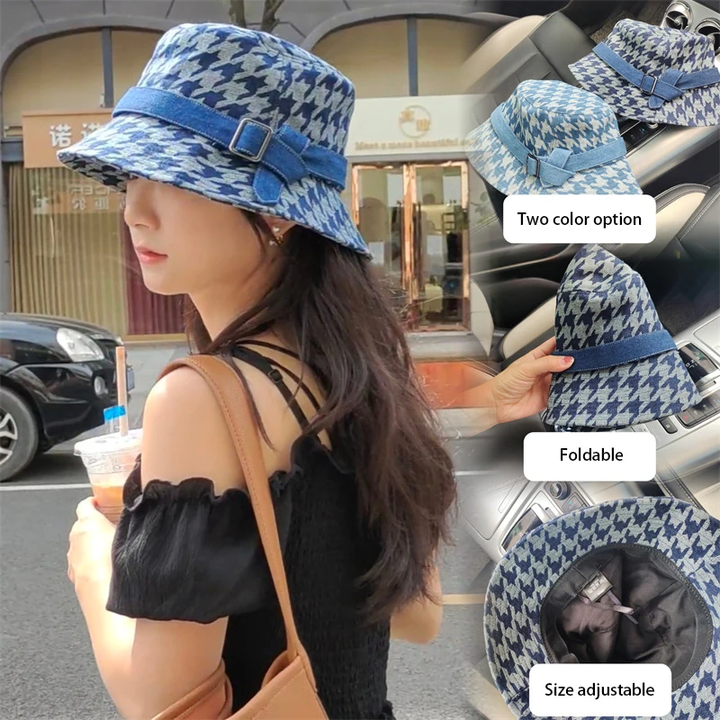 Luxury Houndstooth Women's Denim Bucket Hat Summer Spring Fisherman Hats Jeans Panama Cap Korean Fashion Casual Beach Sun Caps