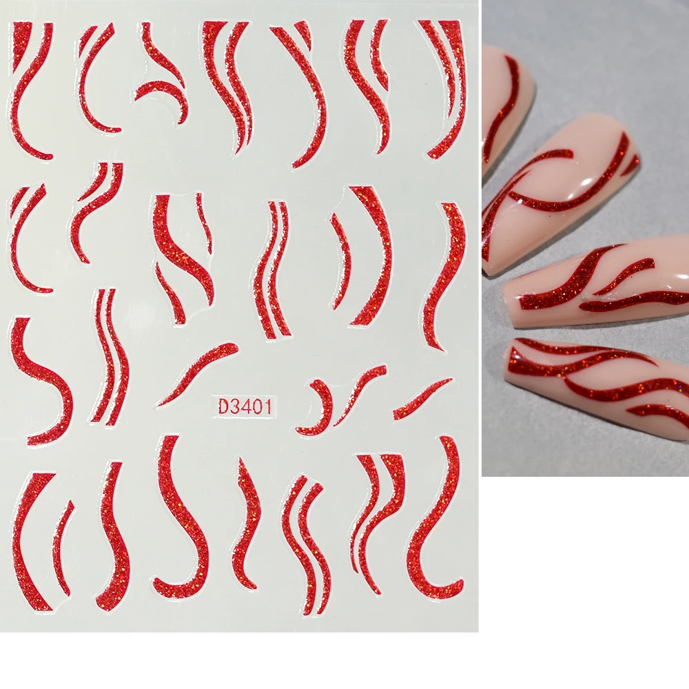 1 foglio 3D rosso glitter linea francese/curva adesivi per nail art onda/amore/stella/farfalla adesivo cursore striscia di turbolenza decalcomanie per manicure