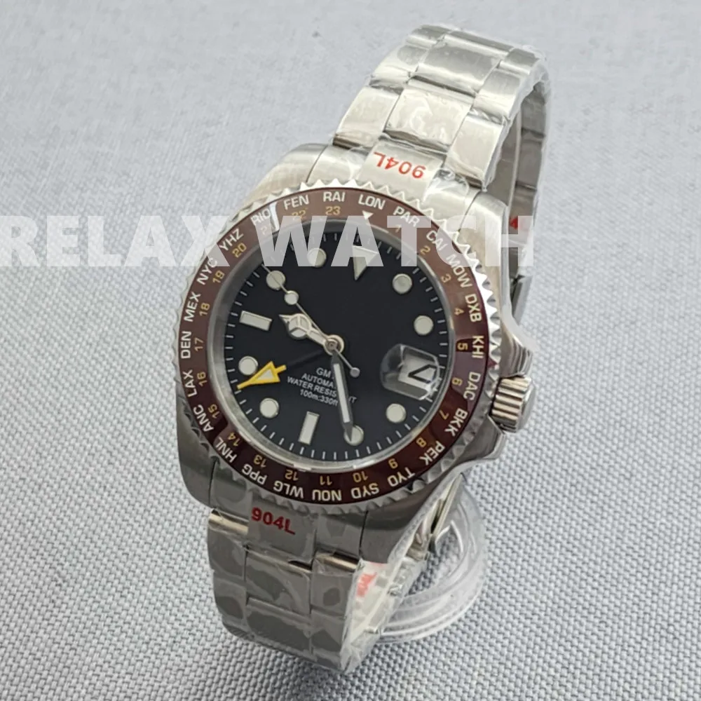 40MM Dual Time Zone  Display Sapphire Glass Stainless Steel Watch Japan NH34 GMT Automatic Movement Greenwich Time N