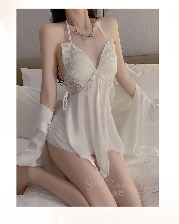 Ladies' sexy silk oversized pajamas with undergarment, gathered bow design, pajama set with outer robe for home wear.