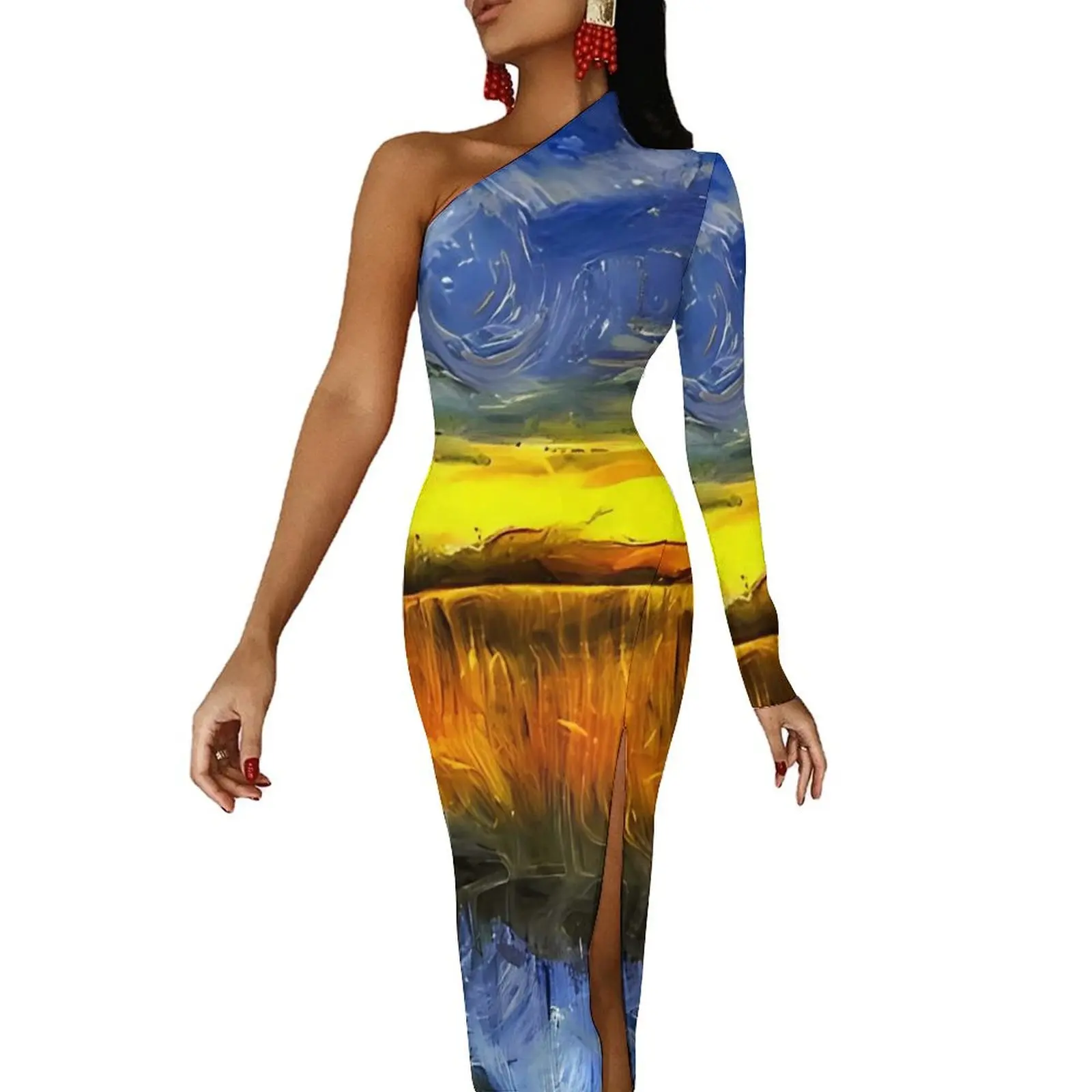 The Sunset River Van Gogh Bodycon Dress Women  Sexy Maxi Dress Long Sleeve Aesthetic Custom Dresses Gift Idea