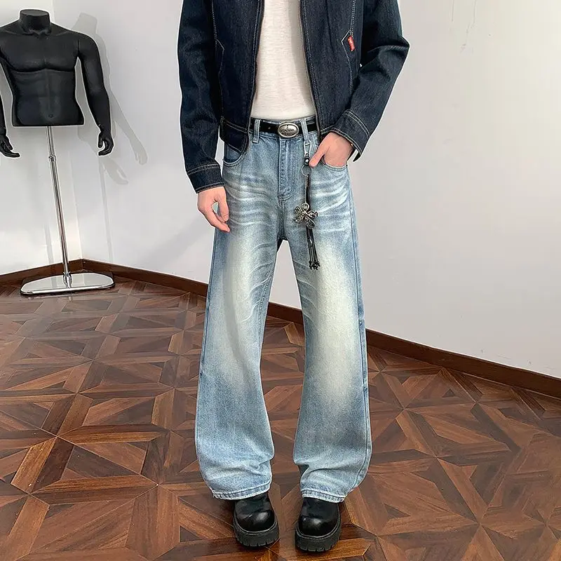 

Spring Summer Men's New Korean Jeans Y2K Vintage Washed Casual Jean Menwear Loose Fashion Straight Wide Leg Micro-flared Trouser