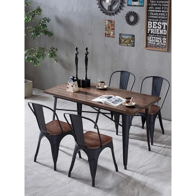 American industrial style old elm solid wood dining table and chair combination restaurant cafe bar retro wrought iron dining ta