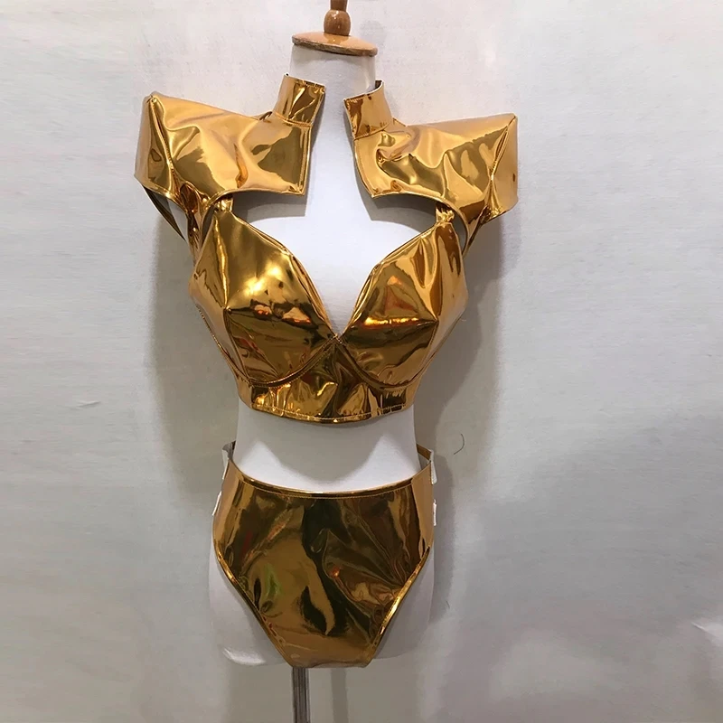 Golden Gogo Dancer Clothing Women Silver Nightcluba Bar Club Dancewear Festival Party Show Rave Wear Bra Shorts Bikini AMY1165