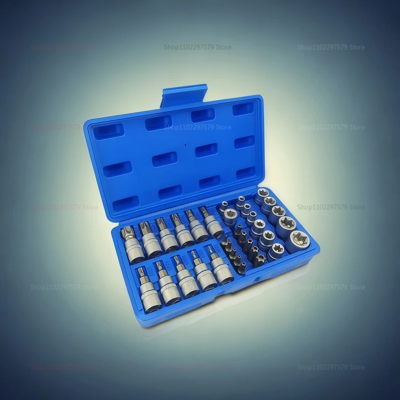 34 قطعة محرك مجموعة مقابس مع 3/8 و 5/16 بوصة بت توركس ستار مآخذ النجوم الخارجية لإصلاح السيارات الميكانيكية
