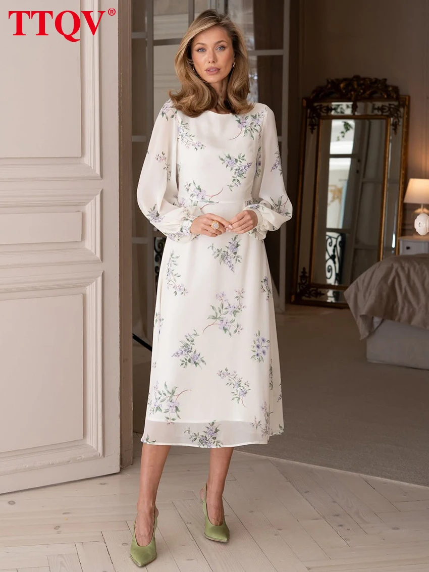 

TTQV Fashion Loose Print Women's Dress 2026 Vintage O-Neck Long Sleeve Midi Dresses Elegant Classic High Waist Female Dress