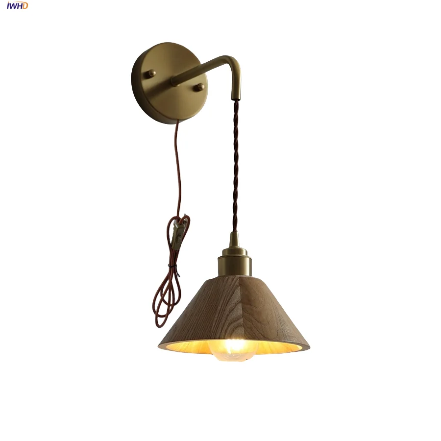 

IWHD Wire Adjustable LED Wall Light Fixture Bedroom Cafe Balcony Nordic Modern Simple Wood Ash Plug In Copper Bedside Wall Lamp