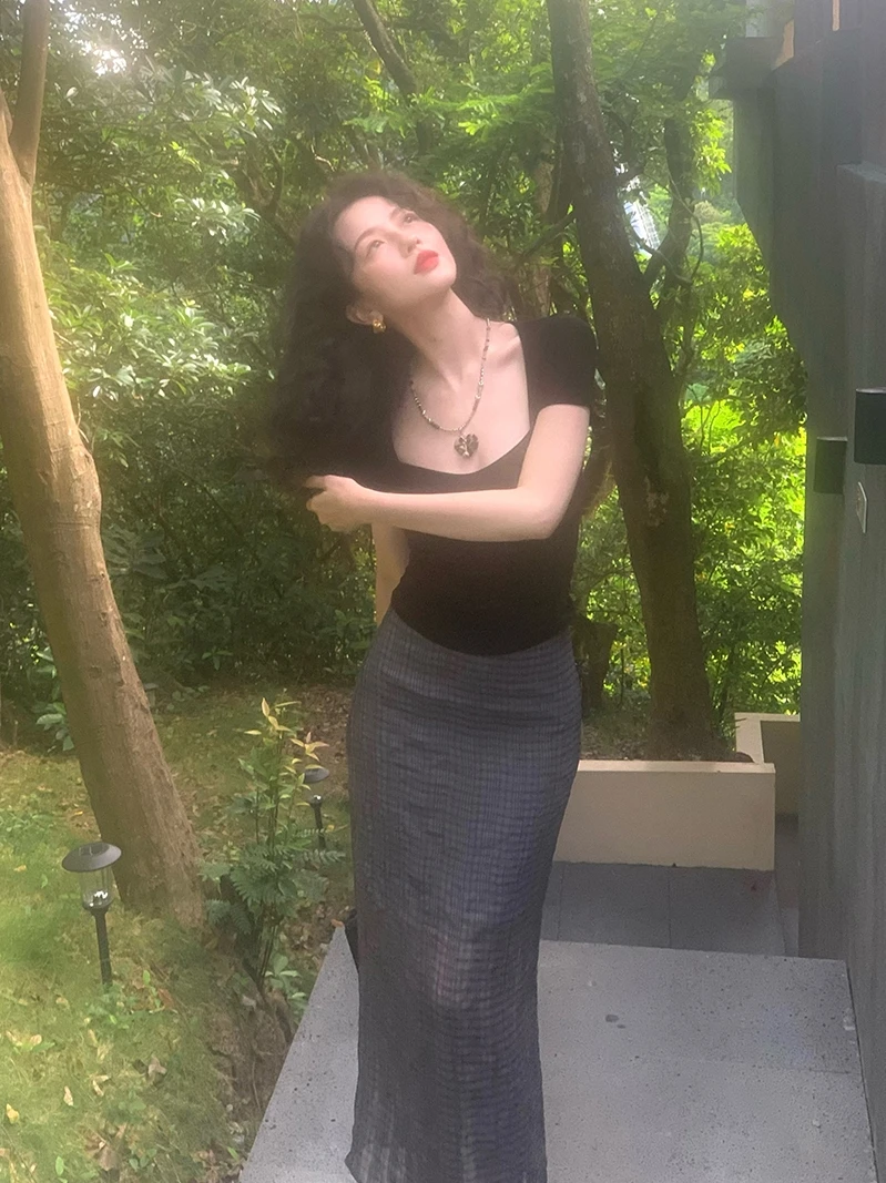 

Юбка А-силуэта с высокой талией женская, весна-лето, в клетку, тонкая, прямая, облегающая, фасон «труба»