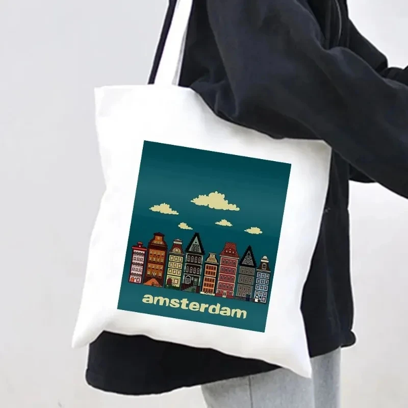 Women\'s Urban Landscape Amsterdam Shopping Bag Canal Home Dutch Canvas Shoulder Bag Tote Eco Shopper Reusable Handbag