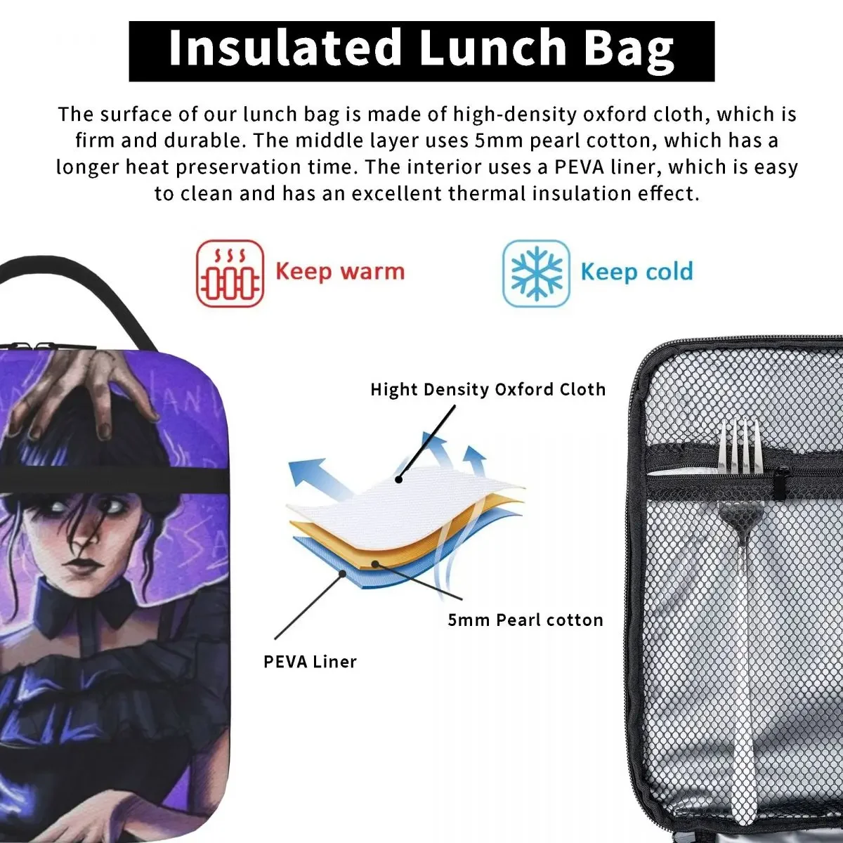 Wednesday Addams Lunch Bags Insulated Lunch Tote Portable Bento Box Leakproof Picnic Bags for Woman Work Children School