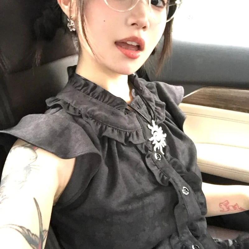 Deeptown Blus Ruffle Jepang 2000S Kemeja Tanpa Lengan Y2k Gotik Hitam Wanita Harajuku Gyaru Lengan Terbang Musim Panas