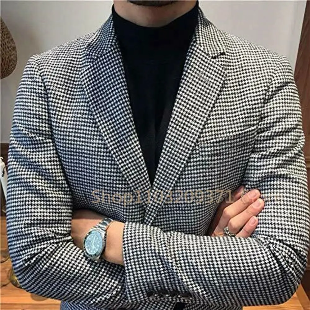 Italian Style Men\'s Blazer Houndstooth Casual Man Suit Jacket Notched Lapel One Piece Check Wedding Coat for Prom Party