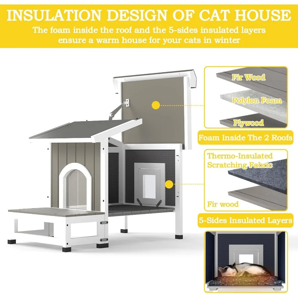 مأوى للقطط معزول للاستخدام الخارجي مع مخرج مزدوج للقطط الحرمية - مقاوم للعوامل الجوية وحماية لجميع المواسم