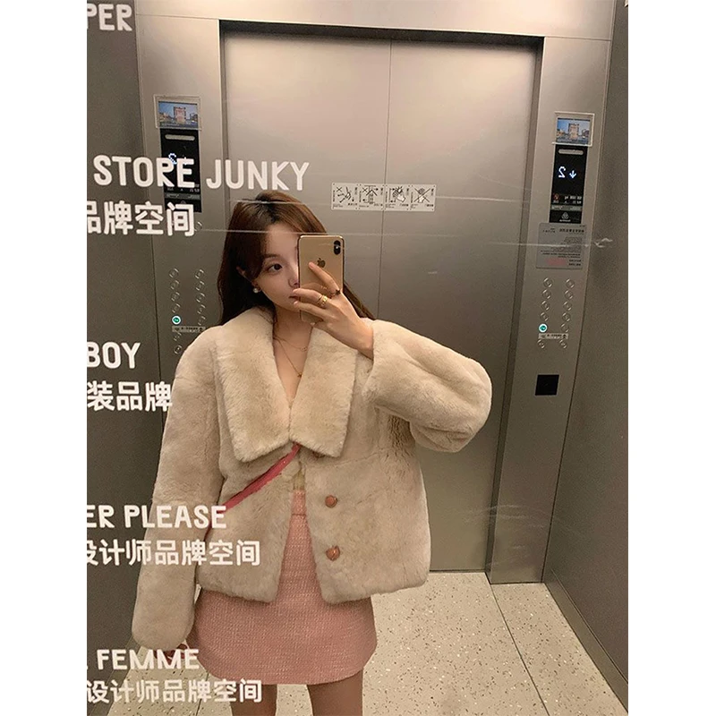 Sweet Faux Fur Coat Women Elegant Cropped Fluffy Jacket Korean Furry Short Outwear Winter Thick Single Breasted Plush Overcoat