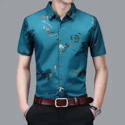 Camisa virada de manga curta masculina, Tamanhos positivos, estampada, bolsos de botão, blusas, respirável, fácil cuidado, roupas da moda, tops de verão