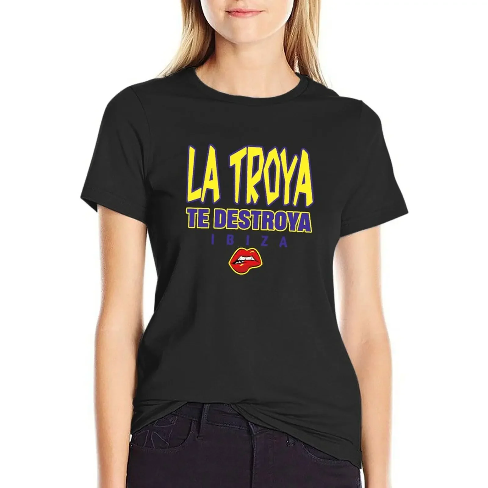

LA TROYA TE DESTROYA IBIZA: Red MODEL Famous Electro IBIZA Party Event T-Shirt customizeds Woman T-shirts