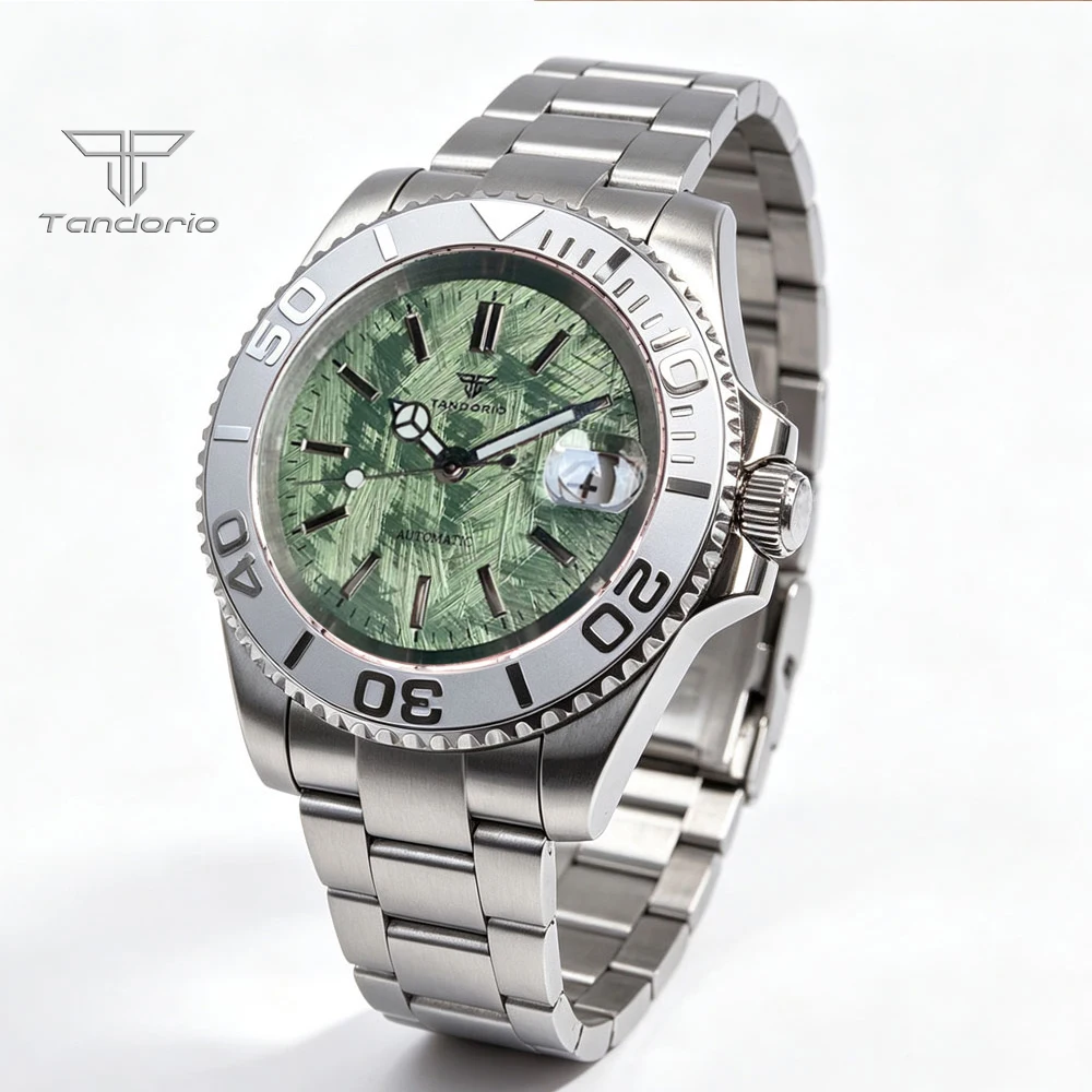 Tandorio Olive Green Meteorite Style Dial Blue Black 40mm Miyota 8215 Mechanical 20ATM Dive Watch Men Sapphire Steel Bracelet