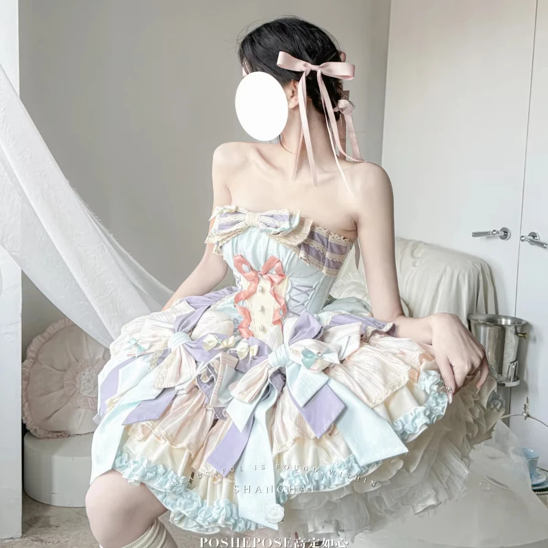 

2025 Ballet Style Cos Lolita Short Dress Women's Slim Fit Elegant Cute Sweet Big Bow Birthday Party Evening Dress Summer Dress