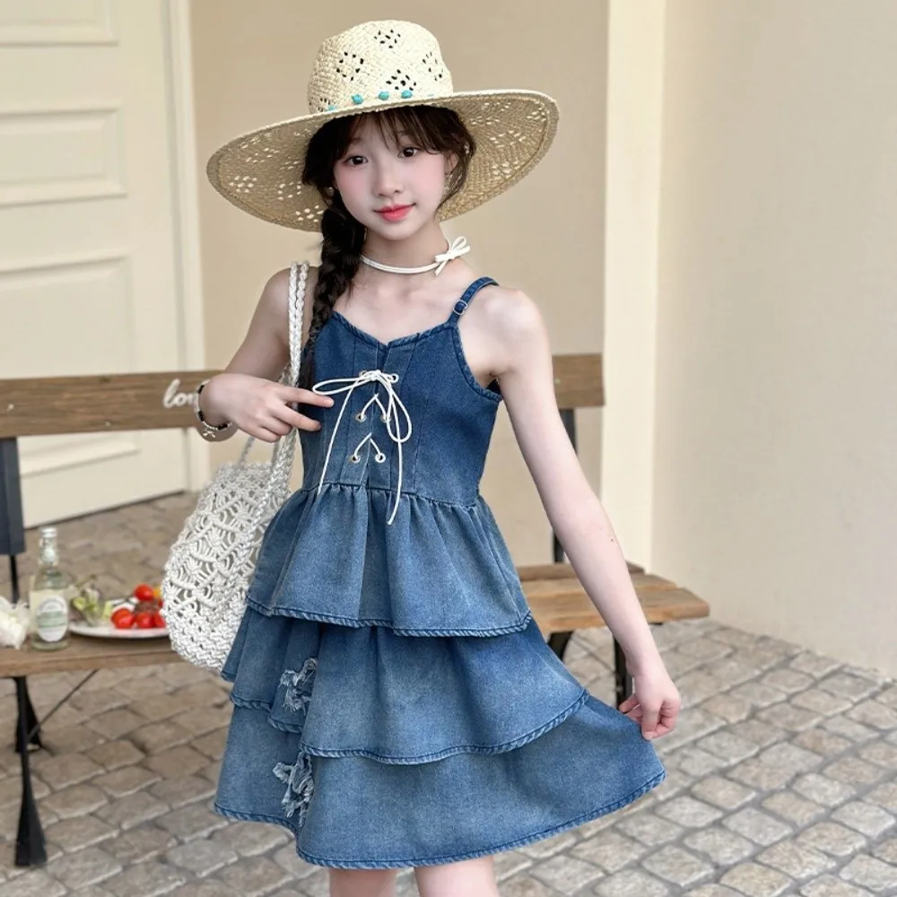 

Sleeveless Children Denim Strap Skirt Holiday Princess Girls Cowboy Dress Loose Gradient Ruffled Gradient Puff Dress