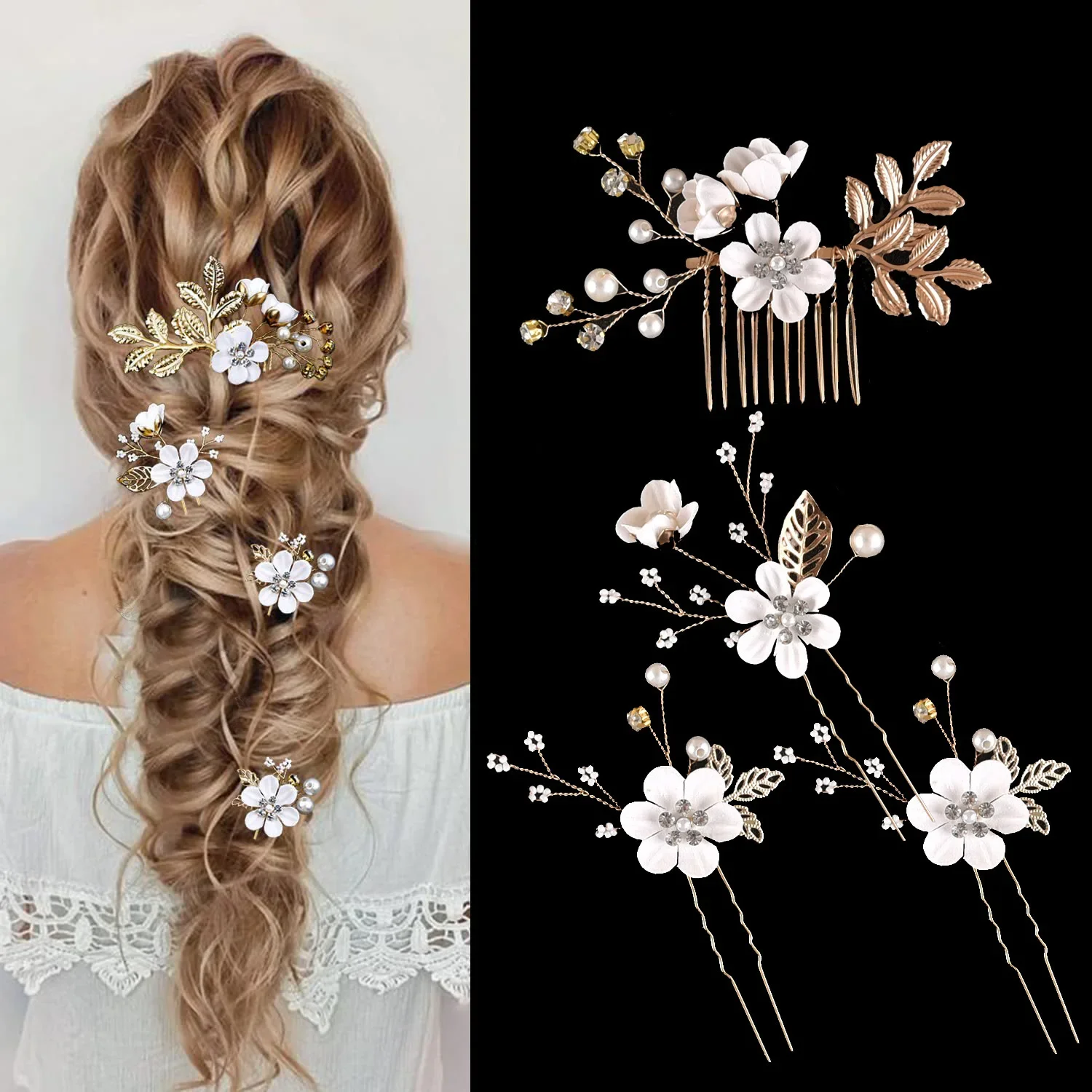 Bridal hair accessories Pearl flowers 4 colorful accessories Bridal wedding dinner combo set hairpin Jewelry