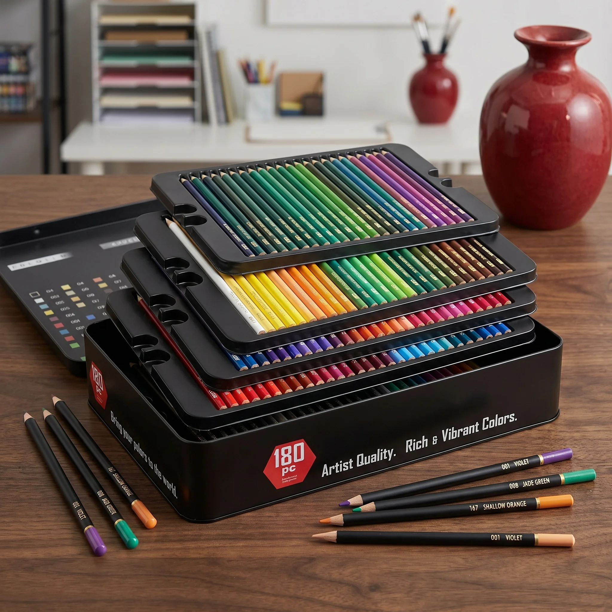色鉛筆180本入り-ワックスベースの色鉛筆-鮮やかな発色の色鉛筆-ブリキ缶入り-大人用-プロの画材