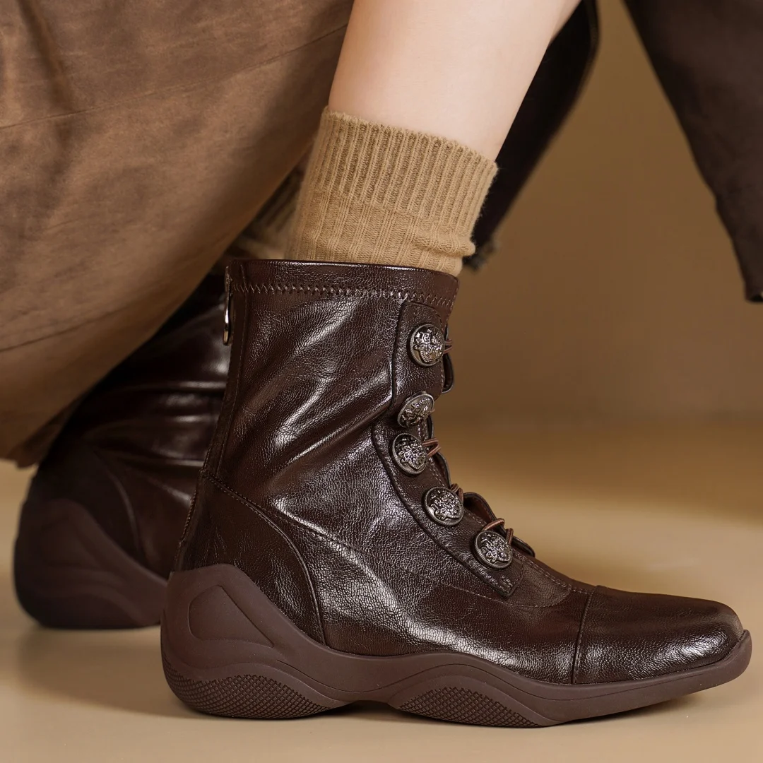 

Women's genuine leather great PU leather patchwork button lace-up back zip autumn ankle boot soft comfortable casual short boots