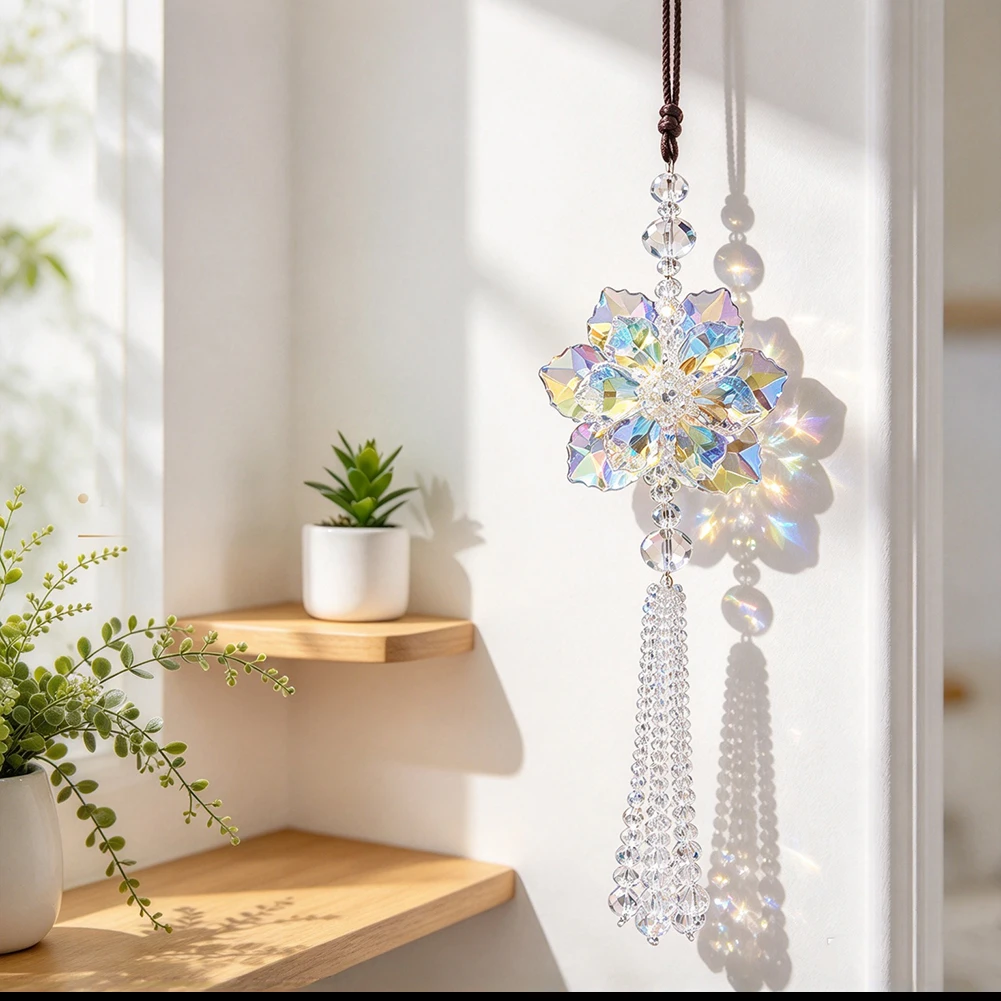 Kristall-Schneeflocken-Sonnenfänger für Auto-Rückspiegel, Hängedekoration, AB-Prisma-Anhänger mit Perlenquaste, Fensterornament für Zuhause – Detail 4