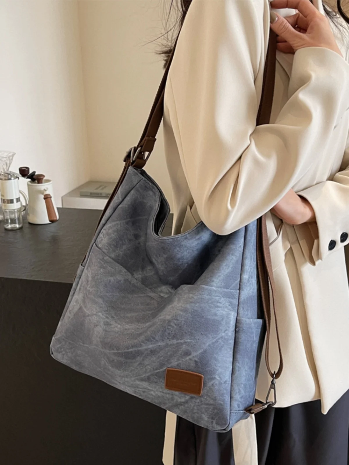 

Джинсовая большая сумка, женская высококачественная пригородная сумка-футболка в одном, простая сумка через плечо с двойным ремешком, сумка Buet ape