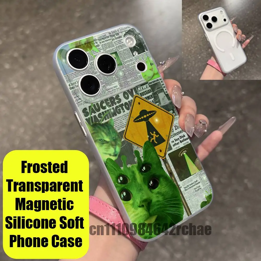 For iPhone 15 12 11 14 13 16 17 E Pro Max Plus Mini Air For Magsafe Magnetic Clear For Cute Rainbow Alien Cat Kitten Phone Case