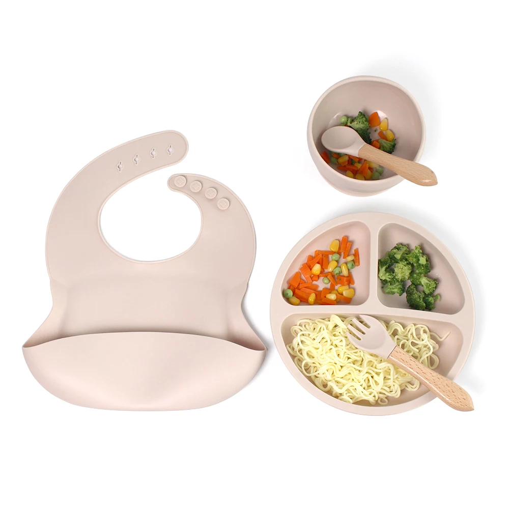 5 PCS Silicone Baby Feeding Set, Infant Self Eating Utensil Set, Durable Led Weaning Supplies with Silicone Bib, Bowl