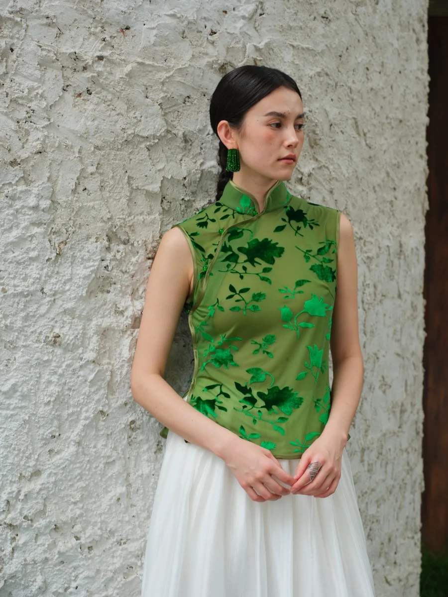 

TAORAN Women's een Velvet Frosted Me Collar Traditional Chinese Sle Slim Fit Top Daily Zen Tea Ceremony Wear