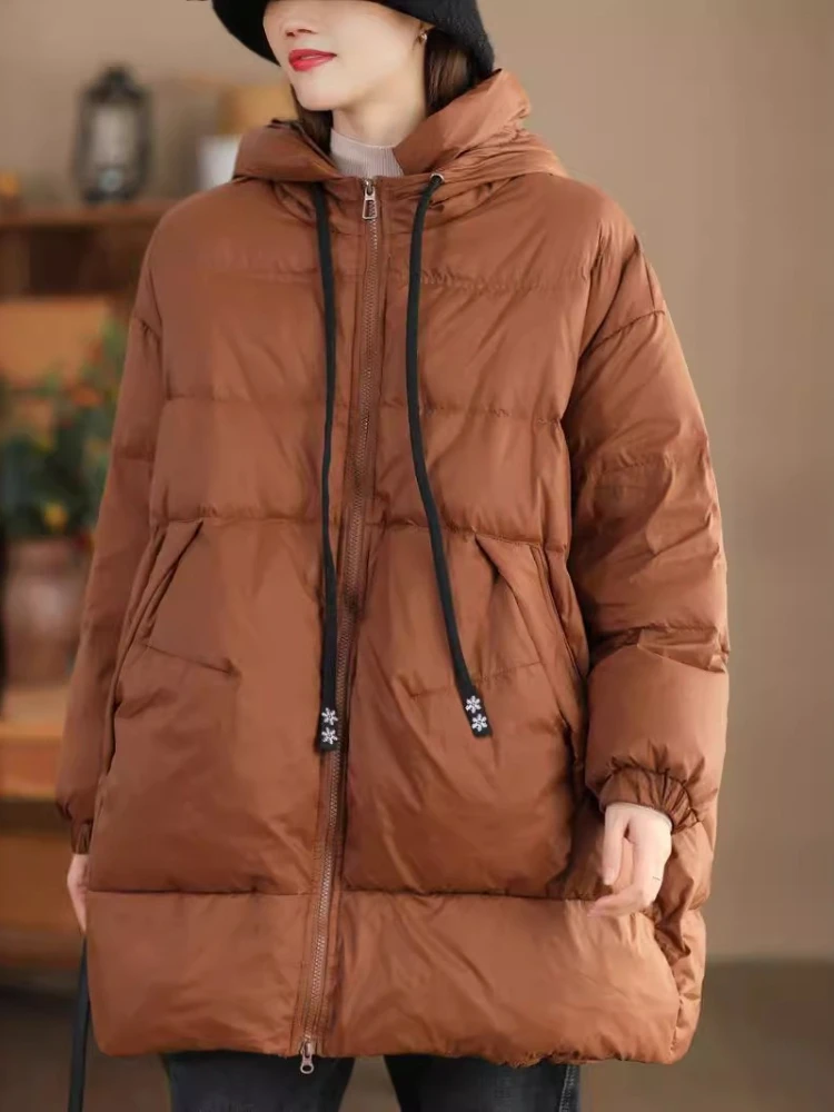 

Женское пуховое пальто средней длины 2020, повседневная зимняя женская свободная толстая белая куртка на утином пуху, женские однотонные ветрозащитные парки с капюшоном