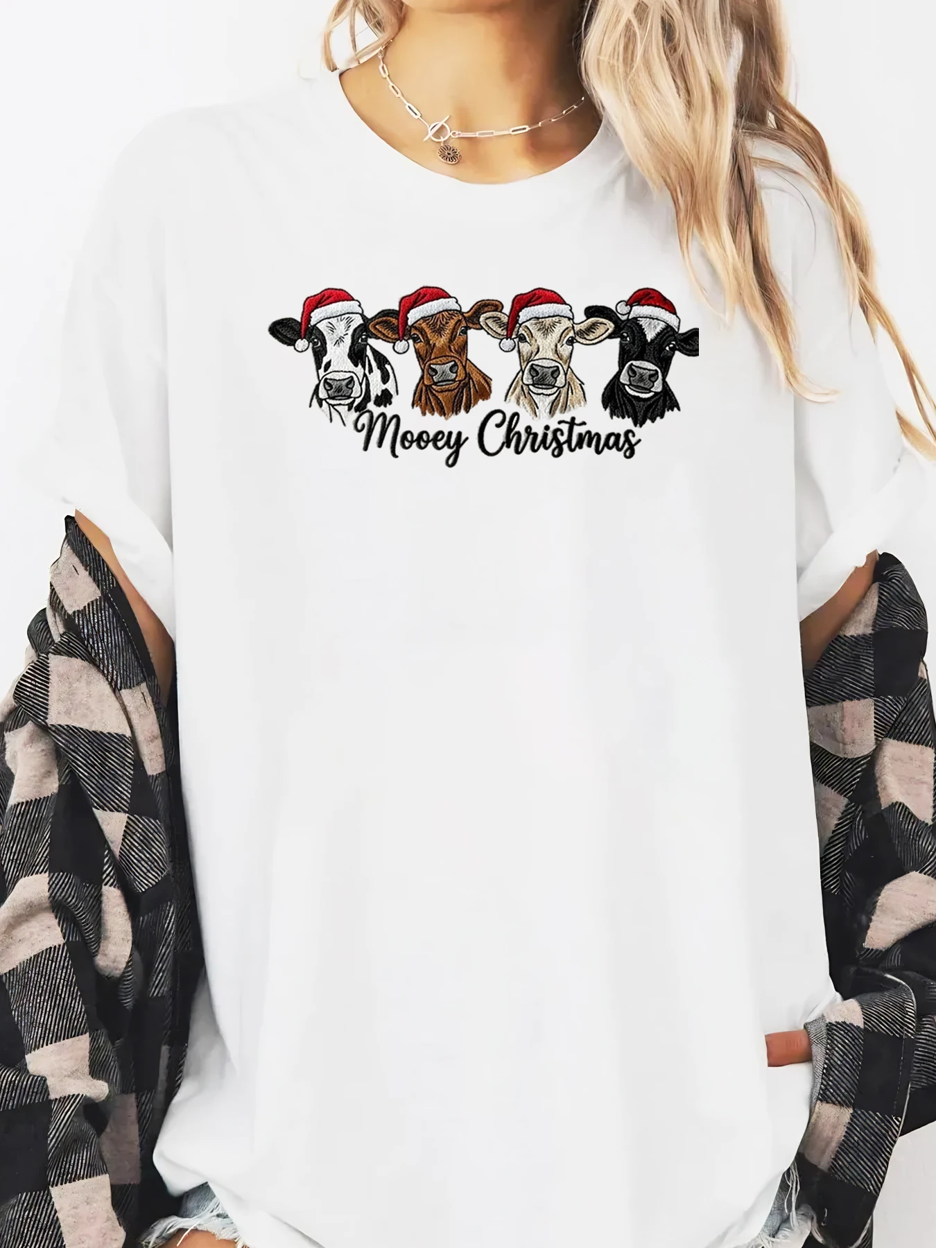 

Cow Santa Hat Mooey Christmas Print Long Sleeve T-shirt Women Casual Holiday Party White Plus-size