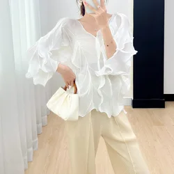 Miyake Style Top Pleated 2024 Summer New Solid Color Stretch Fabric Loose Temperament Versatile High-end White T-shirt Trend