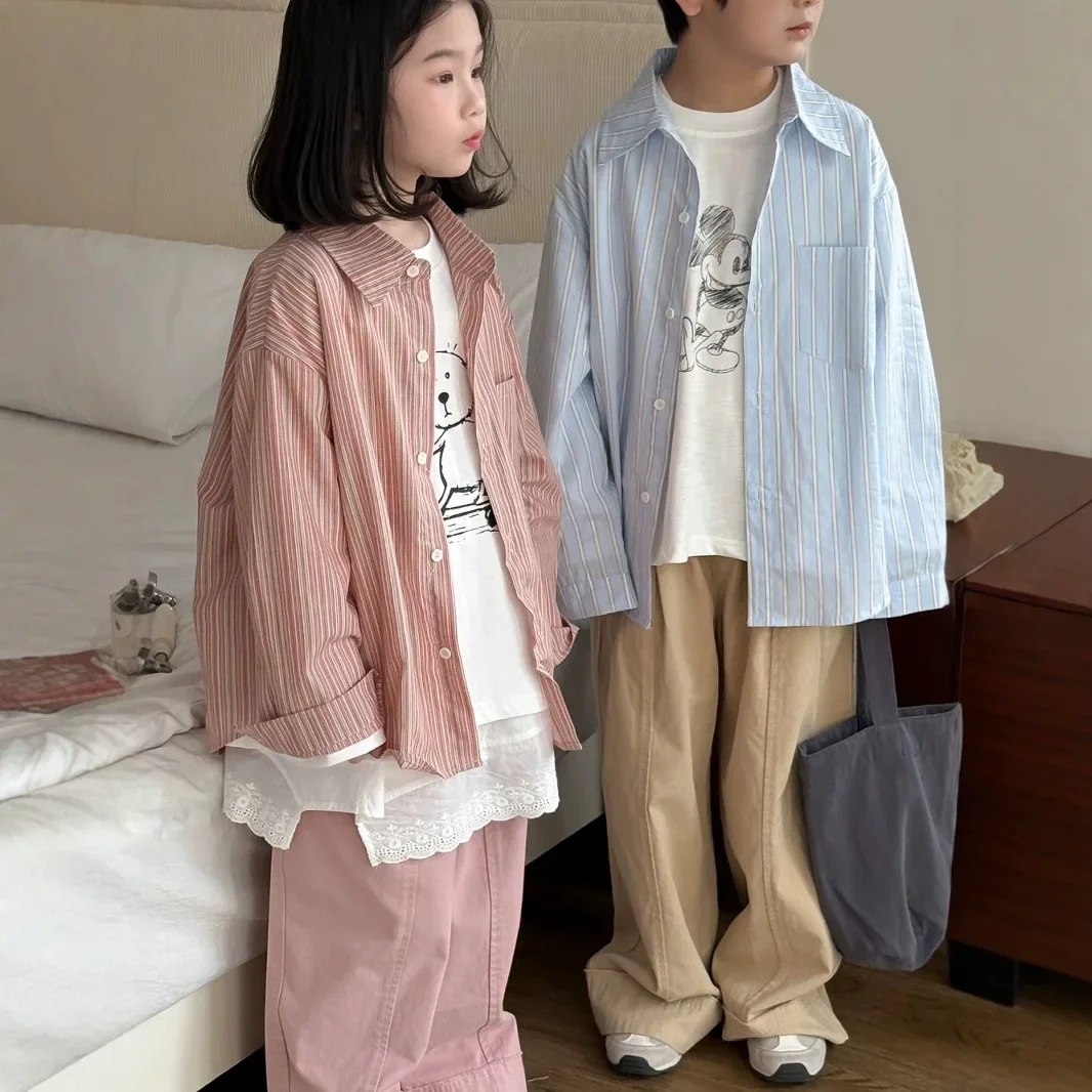 

Childrens Shirt 2025 Spring New Korean Fashion Casual Vertical Stripe Collar Long Sleeve Shirt Kids Clothes
