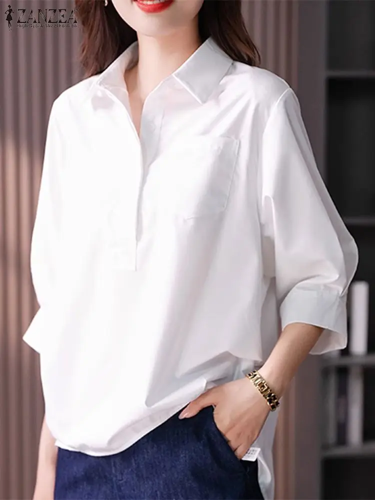 ZANZEA Elegant Women Shirt Fashion Lapel Neck OL Blouse Spring Tunic Tops Female 3/4 Sleeve Work Blusas Oversize Chemise Mujer