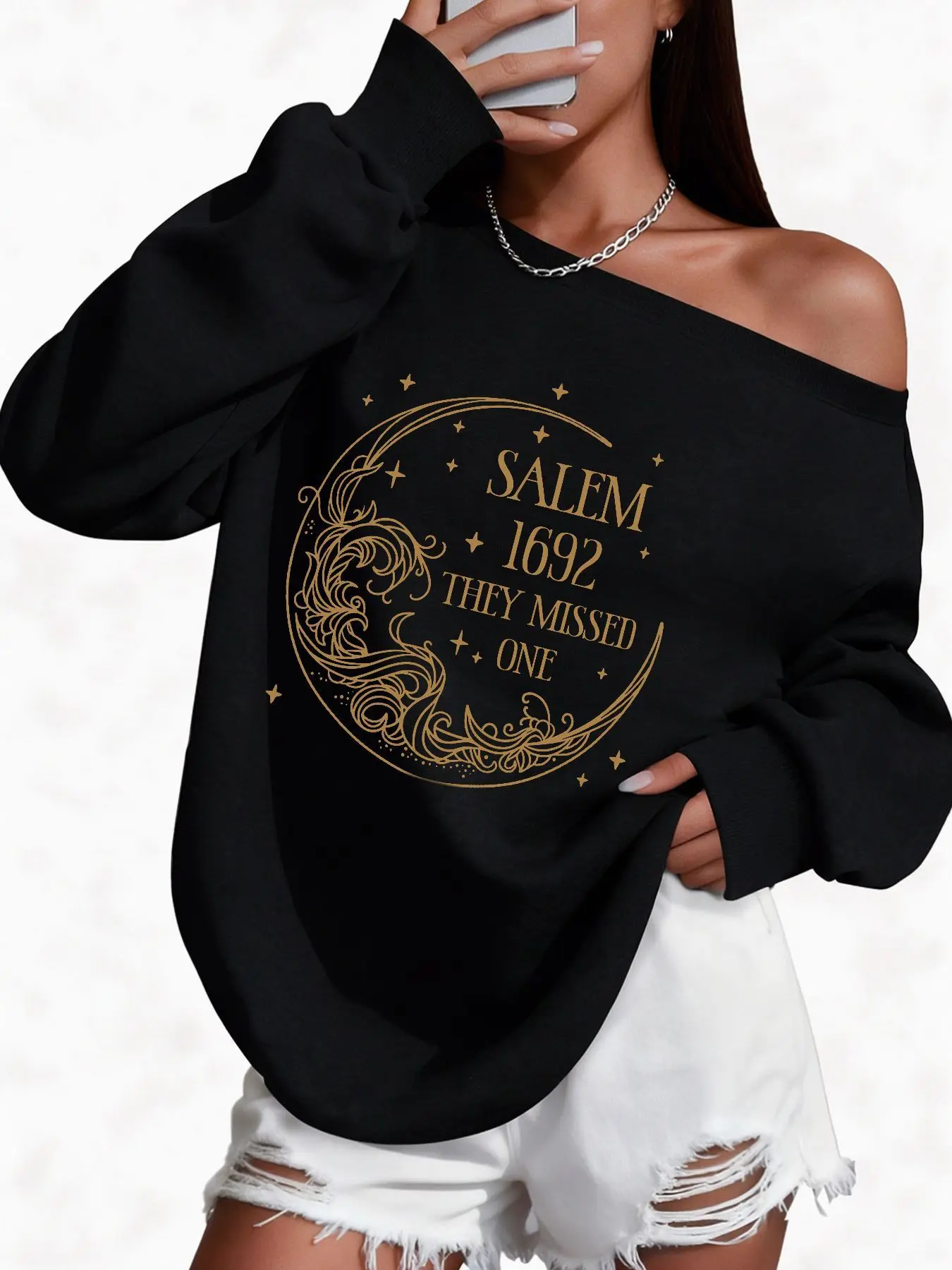 Plus Size 50% Cotton Salem 1692 Graphic Print Moon Star Pattern High Quality Women'S Off-Shoulder Wide Neck Sweatshirt Warm C