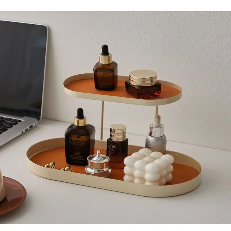 صينية مزدوجة لسطح المكتب المنزلي الإبداعي، صندوق تخزين مستحضرات التجميل والمجوهرات المعدنية السوداء، رف العطور، رف مفاتيح الشرفة