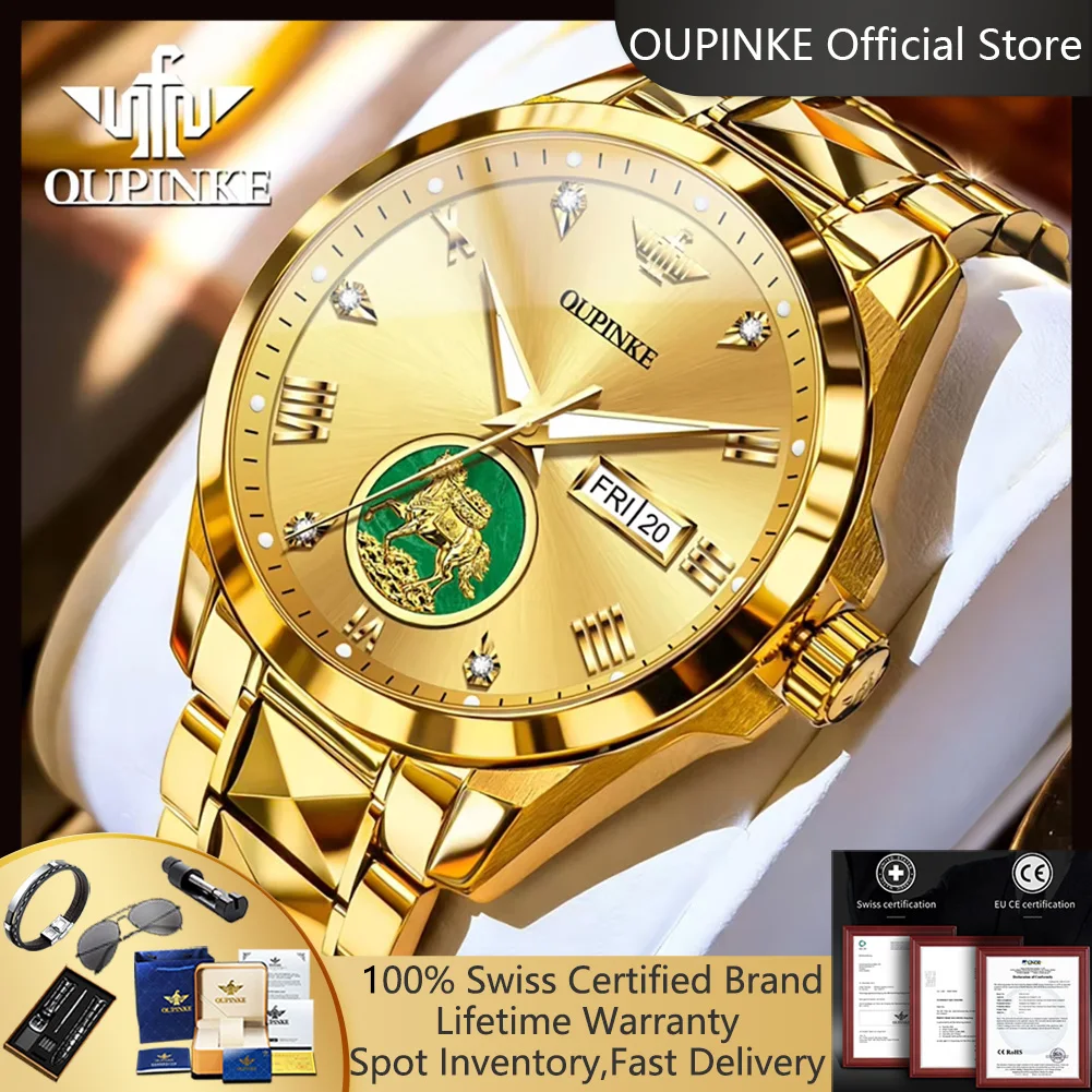 OUPINKE New Automatic Watches for Man Real Gold Tungsten Steel Luxury Top Brand Original Imported Mechanical Men's Wrist Watches