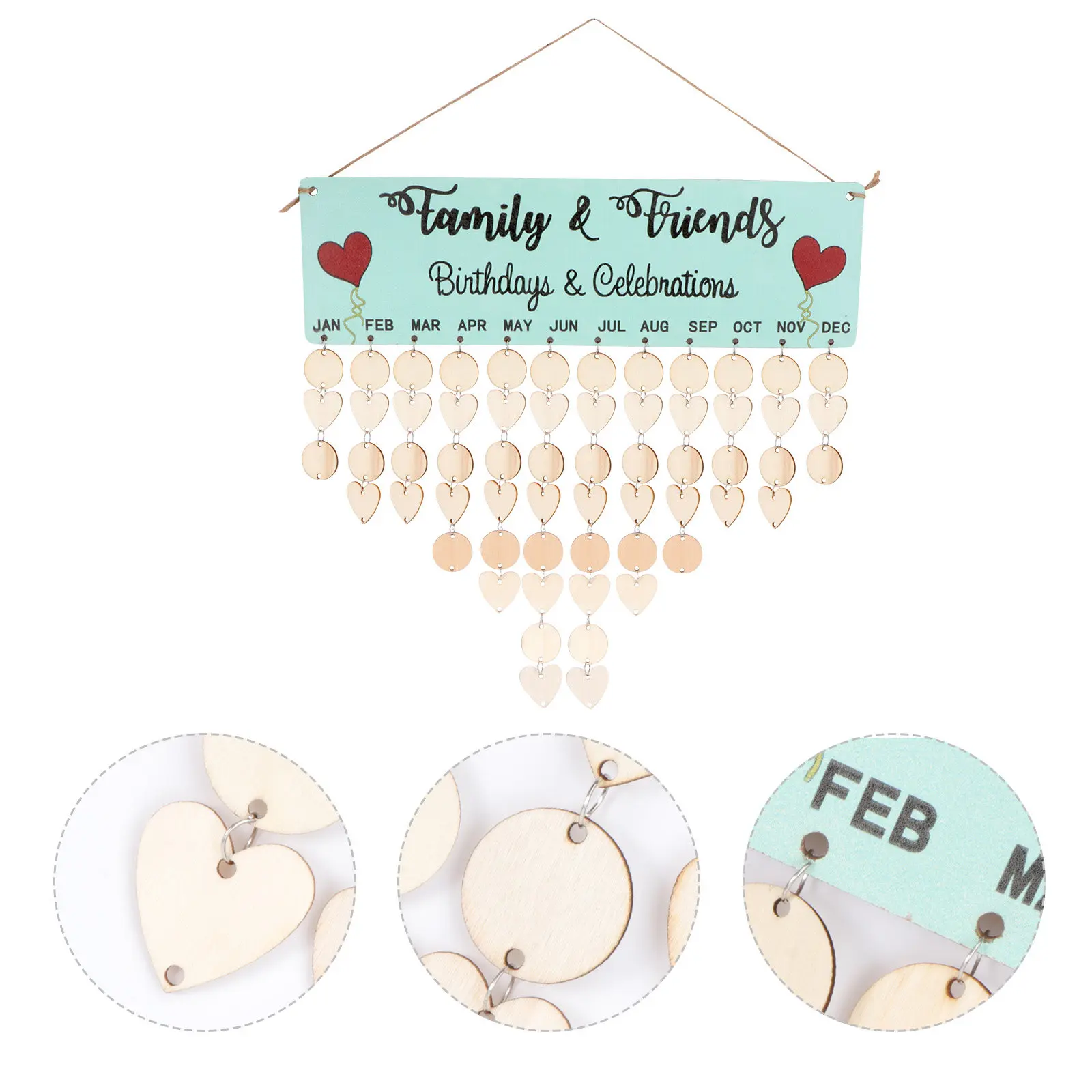 

1 Set Wooden Calendar Family Friends Birthdays Anniversary Reminder Board Round Heart Discs Birthday Reminder Wall Decoration