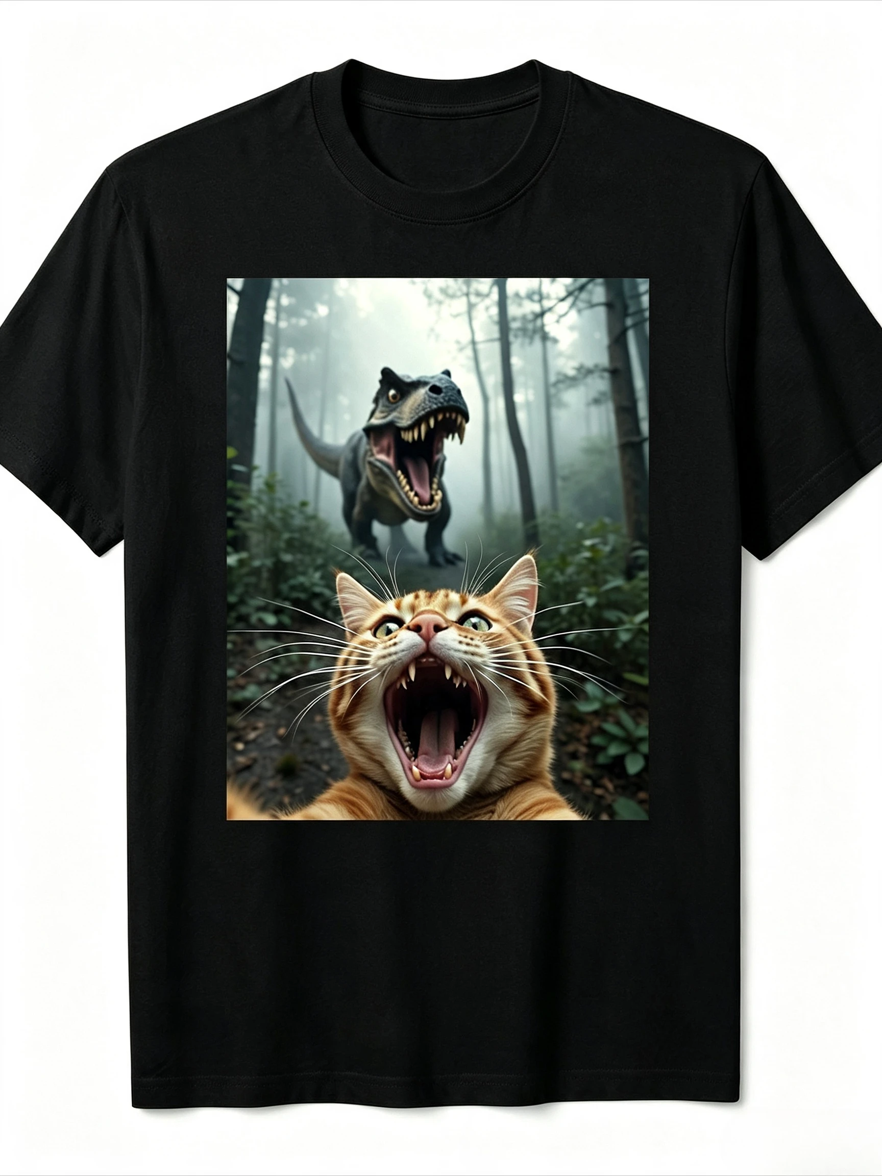 Funny Scared Cat Selfie With Dinosaur Graphic T-shirt Men Women Wild Forest Meme Print Short Sleeve Casual Streetwear Tops